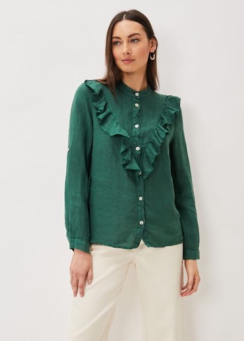 Phase Eight Enid Linen Frill Shirts Dark Green USA | 4832905-WX